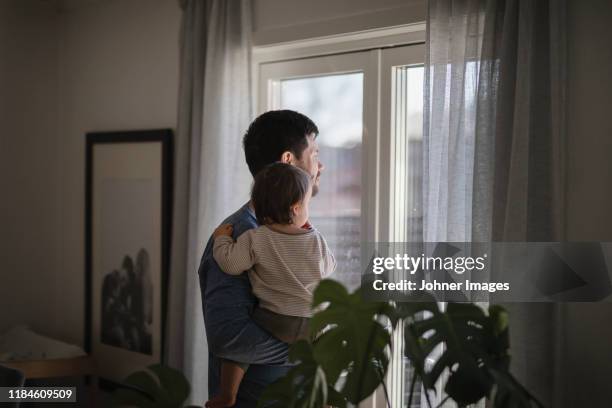 father with baby looking through window - parental leave stock pictures, royalty-free photos & images