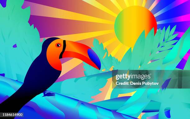 bildbanksillustrationer, clip art samt tecknat material och ikoner med flerfärgad regnbåge illustration av djungeln-toucan i djungeln. - rainbow forrest abstract