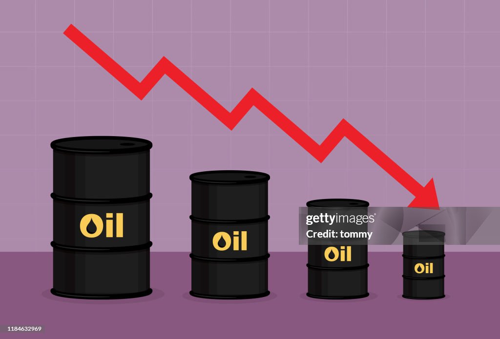 Crude oil with a red arrow goes down