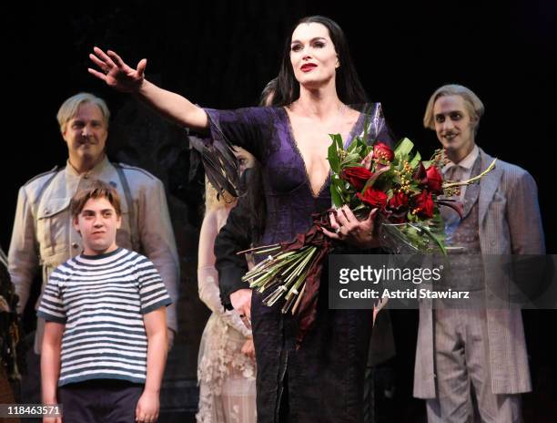 Brooke Shields joins the broadway cast Of "The Addams Family" and speaks during curtain call at the Lunt-Fontanne Theatre on July 7, 2011 in New York...