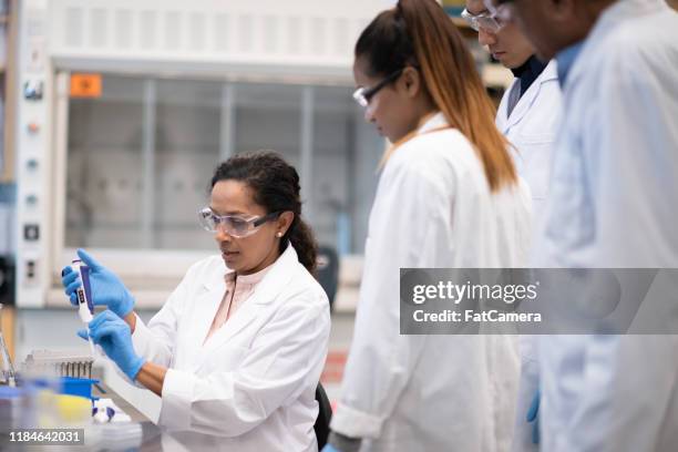 a multi-ethnic group of students being taught how to use a pipette stock photo - clinic canada diversity imagens e fotografias de stock