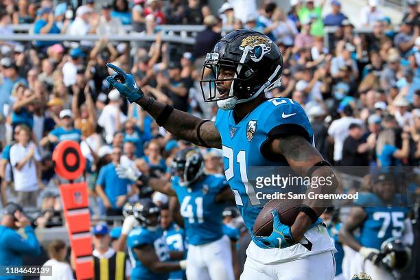 Bouye of the Jacksonville Jaguars celebrates an interception during the game against the New York Jets at TIAA Bank Field on October 27, 2019 in...