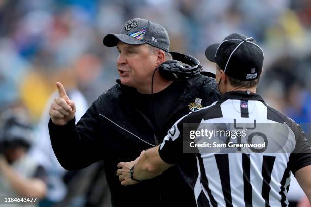 Head coach Doug Marrone of the Jacksonville Jaguars speaks with an official during the game against the New York Jets at TIAA Bank Field on October...