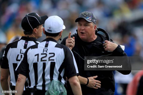 Head coach Doug Marrone of the Jacksonville Jaguars speaks with an official during the game against the New York Jets at TIAA Bank Field on October...