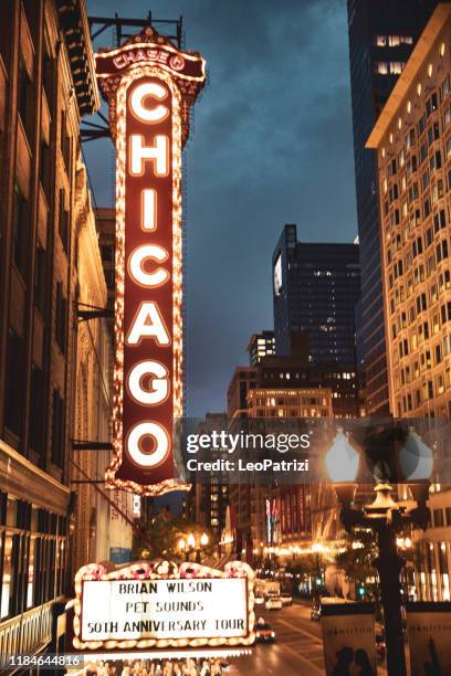 chicago theater and historical buildings district in city downtown - bright chicago city lights stock pictures, royalty-free photos & images