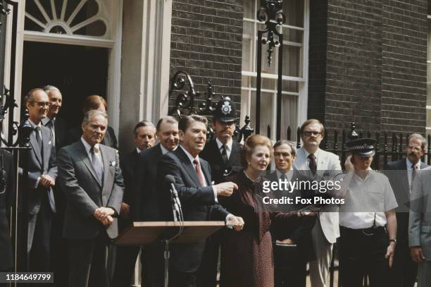 President Ronald Reagan makes a speech outside 10 Downing Street during a state visit to London, UK, 9th June 1982. British Prime Minister Margaret...