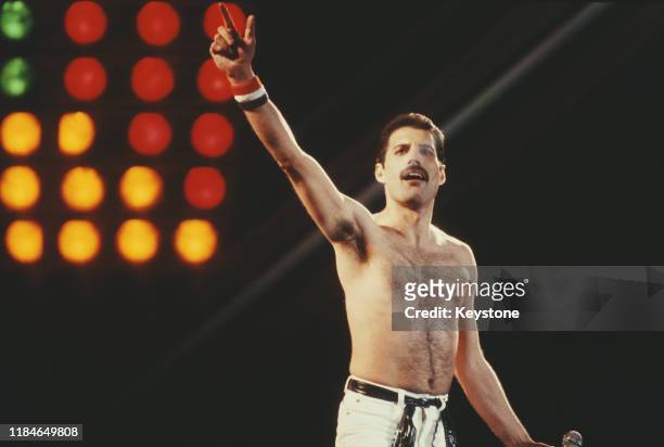 British singer Freddie Mercury of rock band Queen in concert at Leeds Football Club, UK, 29th May 1982.