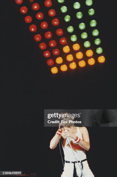 British singer Freddie Mercury of rock band Queen in concert in Milton Keynes, England, 5th June 1982.