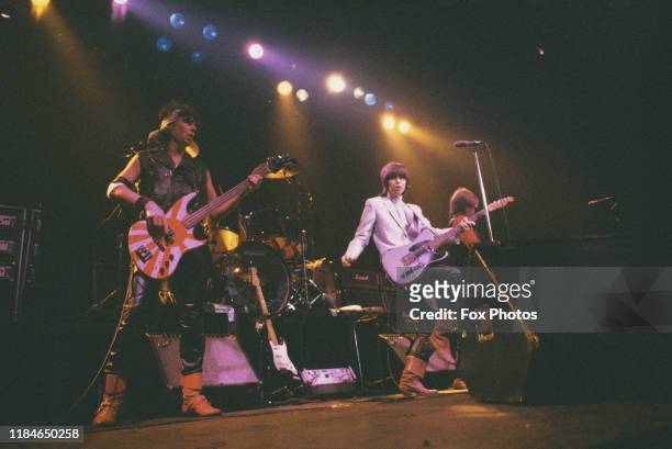 Rock band The Pretenders, fronted by singer and guitarist Chrissie Hynde, in concert at the Lyceum in London, 14th December 1981.