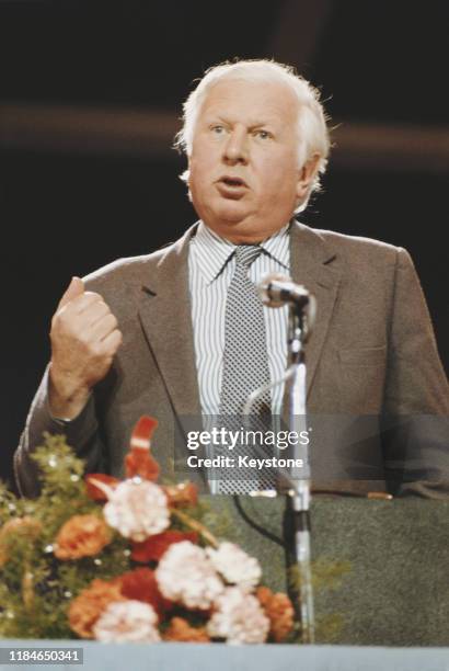 Conservative politician James Prior, known as Jim Prior , the Secretary of State for Northern Ireland, addresses the Conservative Party Conference in...