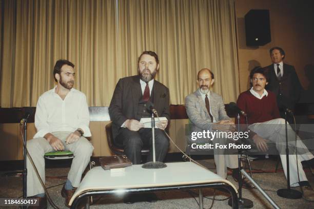 Terry Waite , the special envoy to the Archbishop of Canterbury, with liberated hostages Robin Plummer, Michael Berdinner and Malcolm Anderson at...