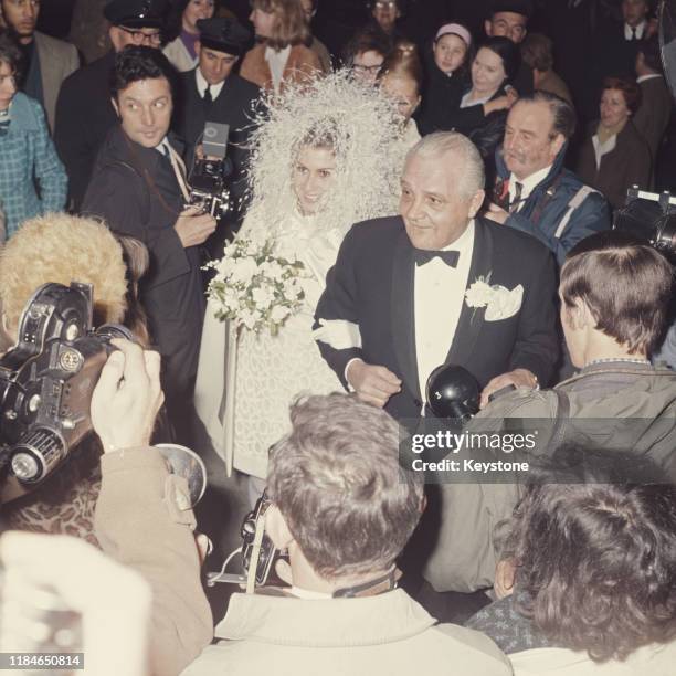 Mireille Strasser arrives for her wedding to English singer Peter Noone of the pop group Herman's Hermits, UK, 5th November 1968.