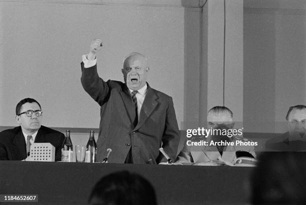 From left to right, Soviet Foreign Minister Andrei Gromyko, Soviet premier Nikita Khrushchev and Soviet Defence Minister Marshal Rodion Malinovsky in...