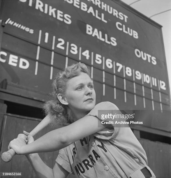 Audrey Erickson, a member of the Arthur Murray Girls, a professional women's baseball team, USA, 1953. They were formed on Long Island by...