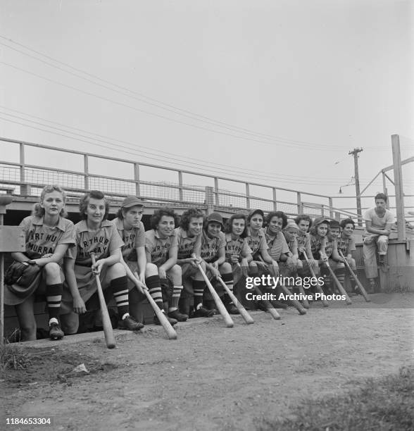 The Arthur Murray Girls, a professional women's baseball team in action, USA, 1953. They were formed on Long Island by sportswriter Mike Strauss, six...