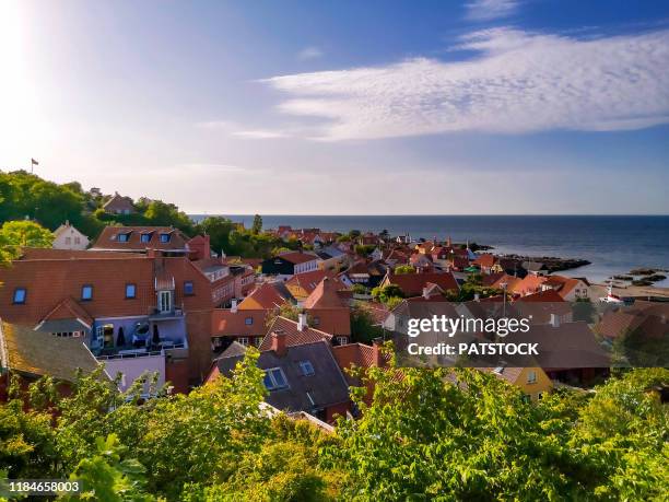 elevated view on the town of gudhjem, bornholm island, denmark. - bornholm island stock pictures, royalty-free photos & images