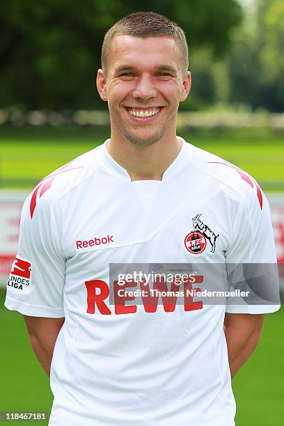 Lukas Podolski poses during the 1.FC Koeln Team Presentation at the Geissbockheim on July 7, 2011 in Cologne, Germany.