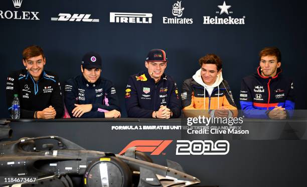 The Drivers Press Conference with George Russell of Great Britain and Williams, Lance Stroll of Canada and Racing Point, Max Verstappen of...