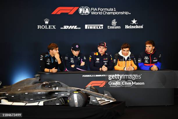 The Drivers Press Conference with George Russell of Great Britain and Williams, Lance Stroll of Canada and Racing Point, Max Verstappen of...