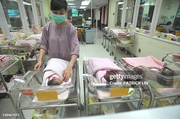 Nurse inspects a newborn baby at a nursery in a hospital in Taipei on July 8, 2011. Taiwan's birth rate rose for the first time in 11 years in the...