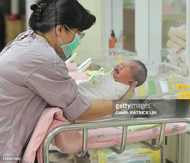 Nurse inspects a newborn baby at a nursery in a hospital in Taipei on July 8, 2011. Taiwan's birth rate rose for the first time in 11 years in the...