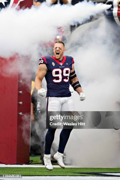 Watt of the Houston Texans screams as he is introduced before a game against the Oakland Raiders at NRG Stadium on October 27, 2019 in Houston,...