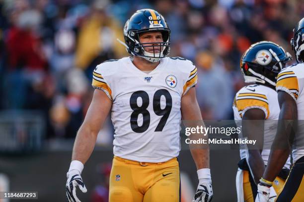 Vance McDonald of the Pittsburgh Steelers is seen during the game against the Cincinnati Bengals at Paul Brown Stadium on November 24, 2019 in...