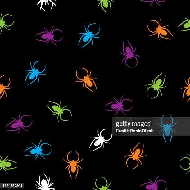 spooky colorful spiders seamless pattern - arachnophobia stock illustrations