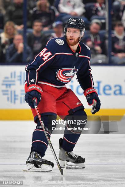 Vladislav Gavrikov of the Columbus Blue Jackets skates against the Edmonton Oilers on October 30, 2019 at Nationwide Arena in Columbus, Ohio.