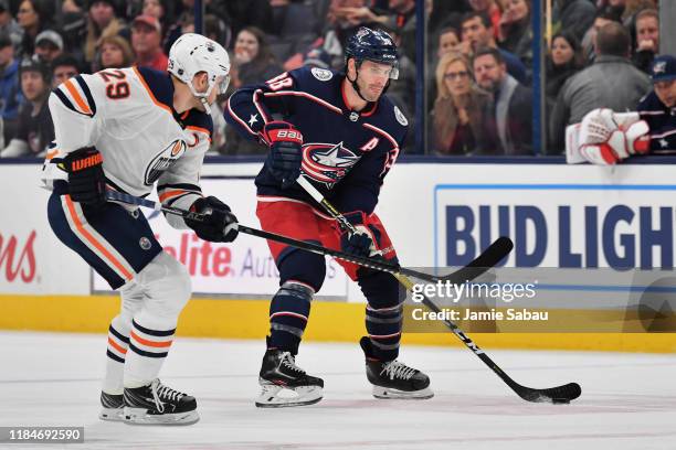 Boone Jenner of the Columbus Blue Jackets skates against the Edmonton Oilers on October 30, 2019 at Nationwide Arena in Columbus, Ohio.