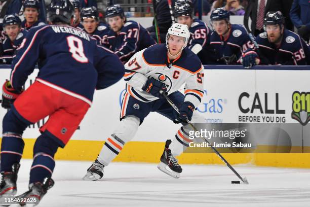 Connor McDavid of the Edmonton Oilers skates against the Columbus Blue Jackets on October 30, 2019 at Nationwide Arena in Columbus, Ohio.