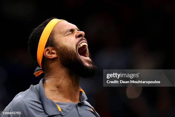 Jo-Wilfried Tsonga of France celebrates victory after his match against Jan-Lennard Struff of Germany on day 4 of the Rolex Paris Masters, part of...