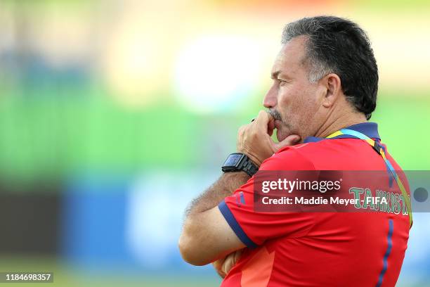 Head Coach Zainidin Rahimov of Tajikistan looks on before the FIFA U-17 World Cup Brazil 2019 group E match between Spain and Tajikistan at Estádio...