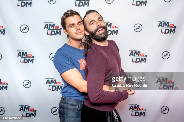 Antoni Porowski with Jonathan Van Ness as they visits BuzzFeed's "AM To DM" on October 31, 2019 in New York City.