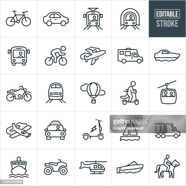 illustrazioni stock, clip art, cartoni animati e icone di tendenza di icone della linea sottile di trasporto - tratto modificabile - mezzo di trasporto