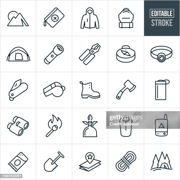 ilustrações de stock, clip art, desenhos animados e ícones de survival gear thin line icons - editable stroke - lanterna de cabeça