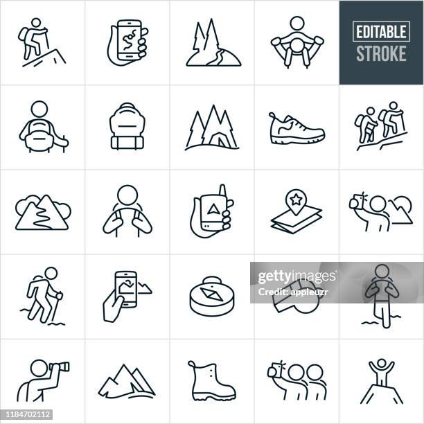 ilustraciones, imágenes clip art, dibujos animados e iconos de stock de iconos de línea fina de senderismo - trazo editable - aire libre