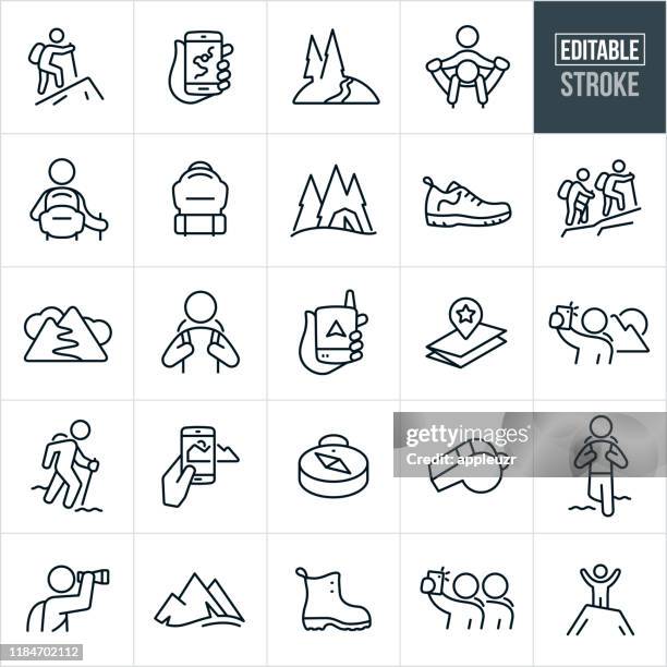 hiking thin line icons - editable stroke - nature icon stock illustrations