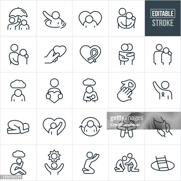 ilustraciones, imágenes clip art, dibujos animados e iconos de stock de iconos de línea delgada de depresión y ansiedad - trazo editable - emoticons icons
