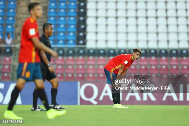 Jose Martinez of Spain reacts after an own goal for Tajikistan during the FIFA U-17 World Cup Brazil 2019 group E match between Spain and Tajikistan...