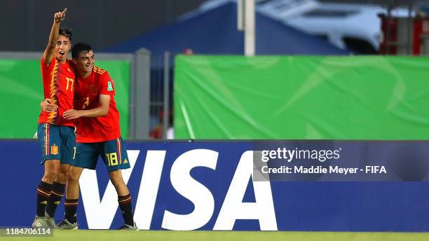 David Larrubia of Spain celebrates with Pedri Gonzalez after scoring a goal during the FIFA U-17 World Cup Brazil 2019 group E match between Spain...