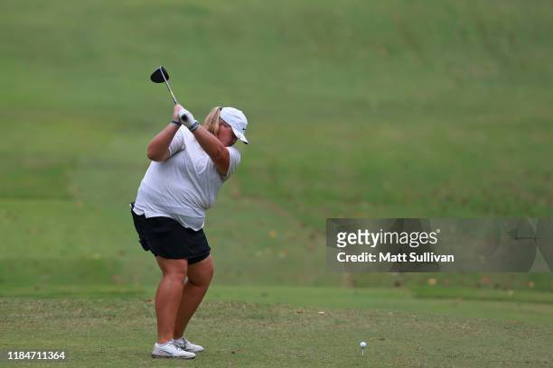 Haley Moore hits her tee shot on the fifth hole during the LPGA Q-Series presented by Blue Cross and Blue Shield North Carolina at Pinehurst No. 9 on...