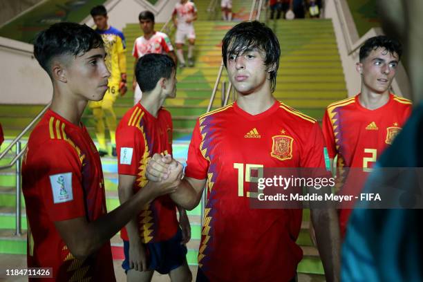 David Larrubia and Pablo Moreno of Spain during half time of the FIFA U-17 World Cup Brazil 2019 group E match between Spain and Tajikistan at...