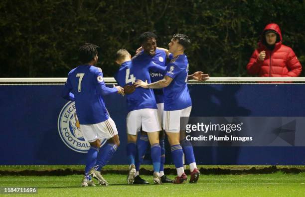 Admiral Muskwe of Leicester City celebrates with Mitchell Clark of Leicester City, George Thomas of Leicester City and Josh Eppiah of Leicester City...