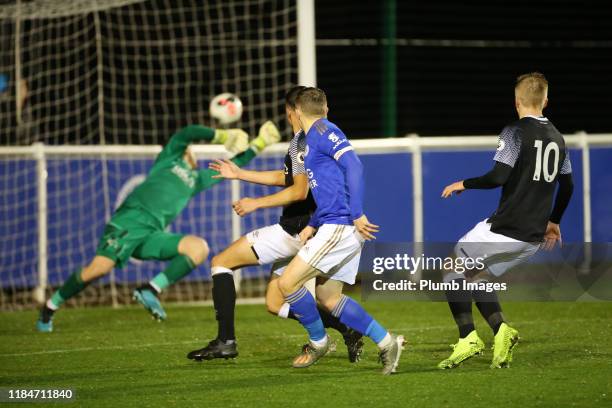 George Thomas of Leicester City scores to make it 4-1 during the Premier League 2 match between Leicester City and Derby County at Holmes Park on...