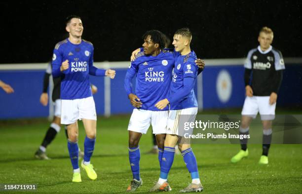 Josh Eppiah of Leicester City celebrates with Luke Thomas of Leicester City after scoring to make it 2-0 during the Premier League 2 match between...