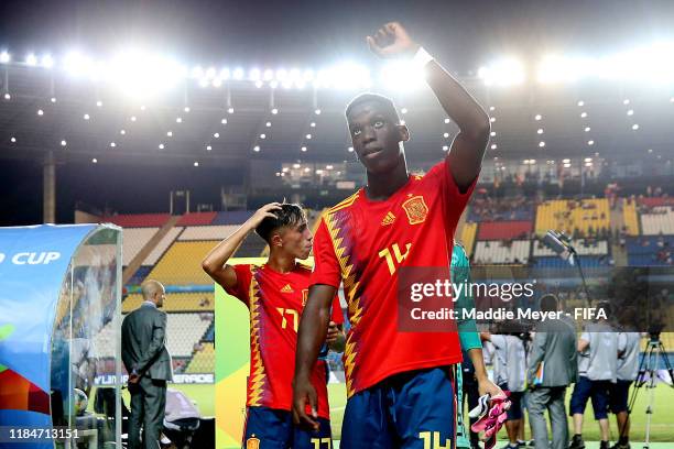 Moriba Ilaix of Spain celebrates after Spain defeat Tajikistan 5-1 during the FIFA U-17 World Cup Brazil 2019 group E match at Estádio Kléber Andrade...