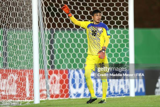 Shohrukh Qirghizboev of Tajikistan directs his team during the FIFA U-17 World Cup Brazil 2019 group E match between Spain and Tajikistan at Estádio...