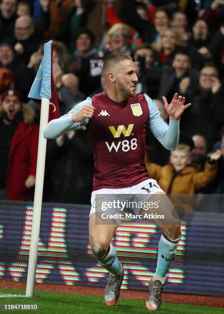 Conor Hourihane of Aston Villa celebrates scoring the opening goal during the Premier League match between Aston Villa and Newcastle United at Villa...