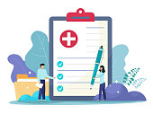 Medical form, medical report. Characters.Clipboard with a cross, pen and check marks. Informed consent, prescription, application form, health insurance, medical history concepts. Vector cartoon flat